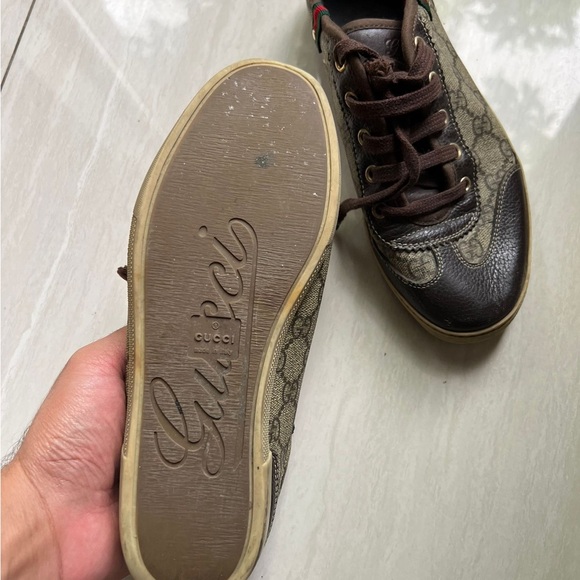 Gucci Sneakers - Beige/Brown GG Supreme Canvas and Leather Web Lace Up Sneakers - Picture 4 of 4
